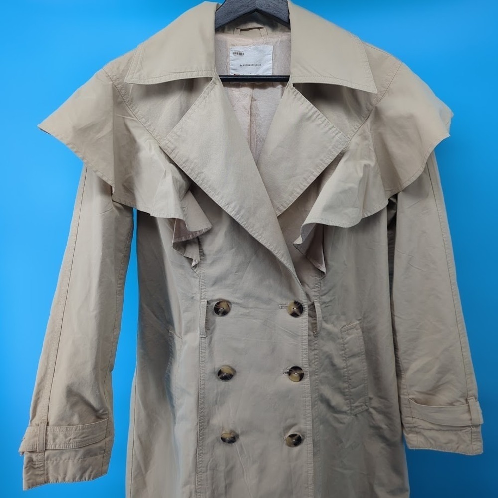 Anthropologie Women's Beige Ruffle Trench Coat Double Breasted Long Jacket XS - Picture 5 of 11